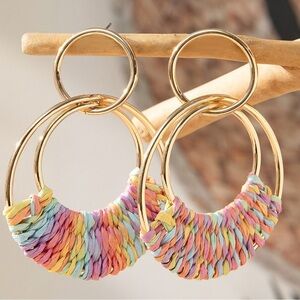 New Pink Bohemian Woven Raffia Dangle Earrings